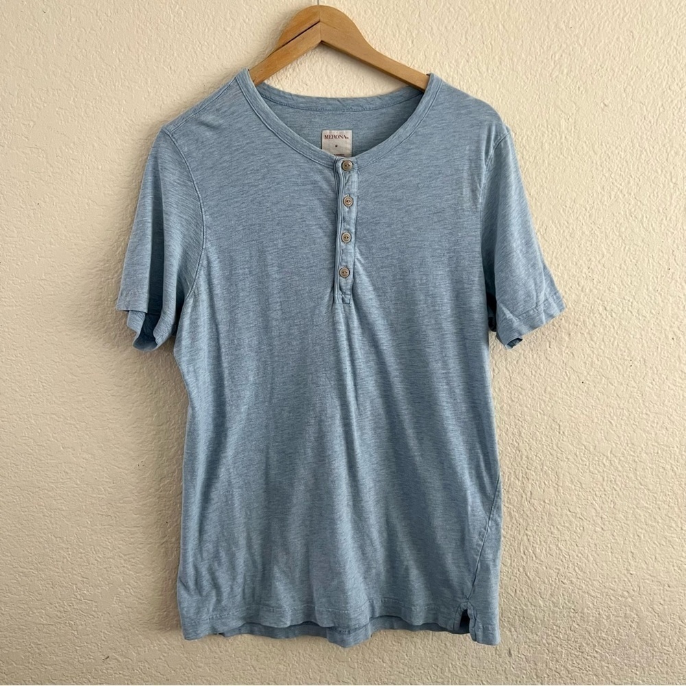 Merona Henley Shirt Size M Blue Short Sleeve Cotton 4-Button Placket Slub